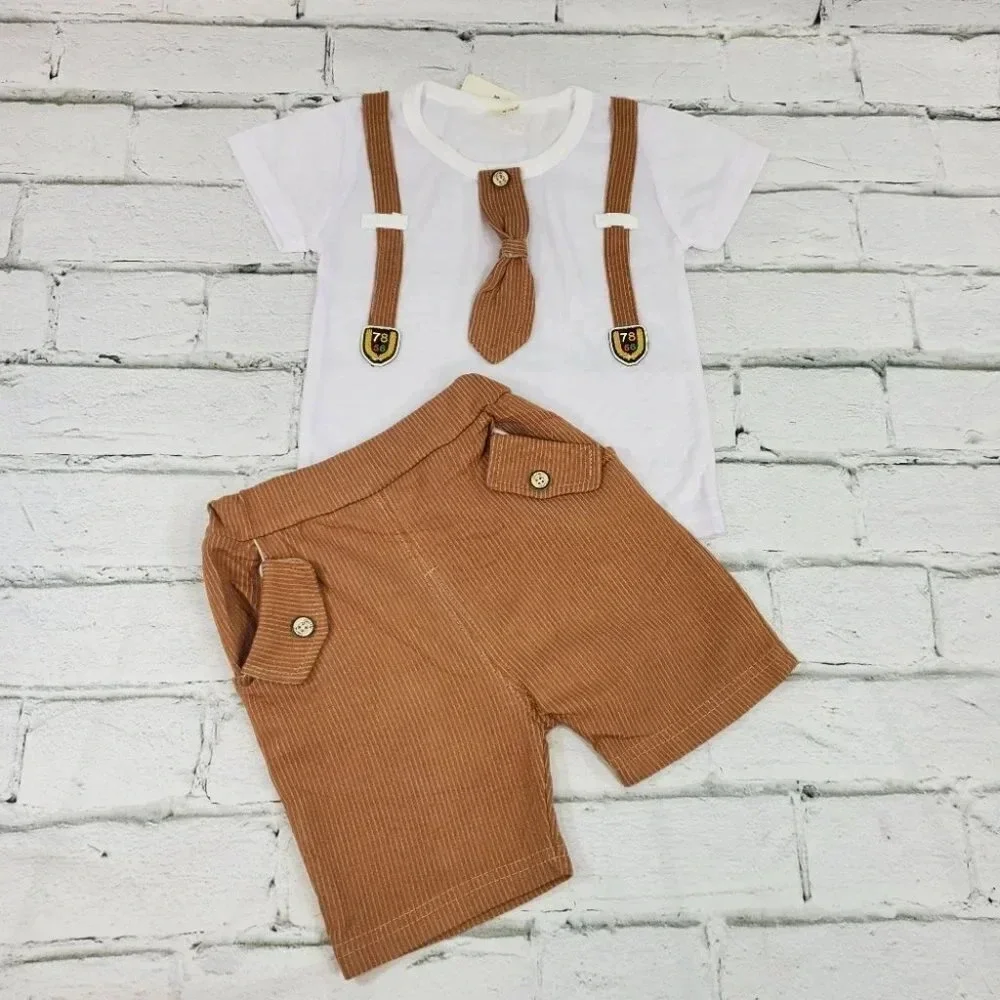 9-12M Brown Faux Suit Shorts Baby Boys 2 pcs Outfit. T-Shirt and Shorts Set